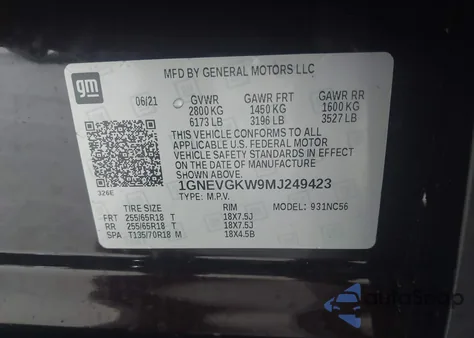 2021 Chevrolet Traverse Awd Lt Cloth из США, поврежденный, VIN 1GNEVGKW9MJ249423